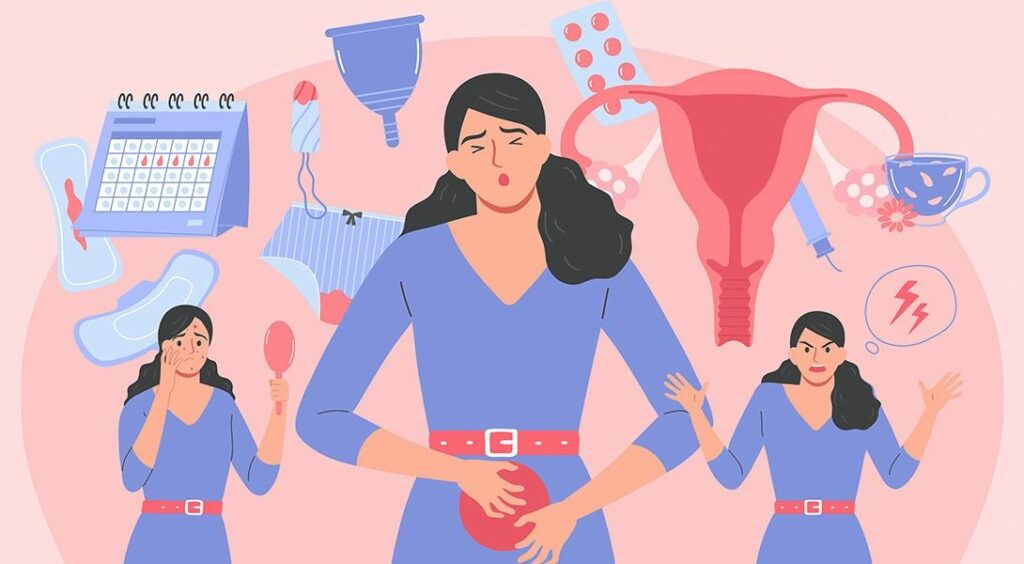 Rysunek kobiety łapiącej się za brzuch z powodu bólu z endometriozy