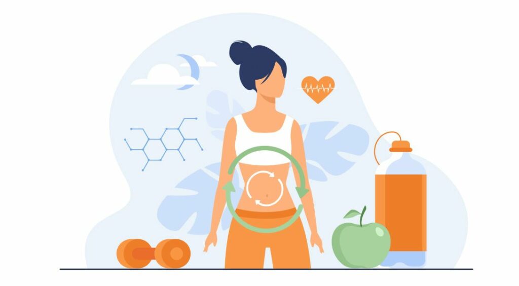 Rysunek kobiety z owocami i napojami